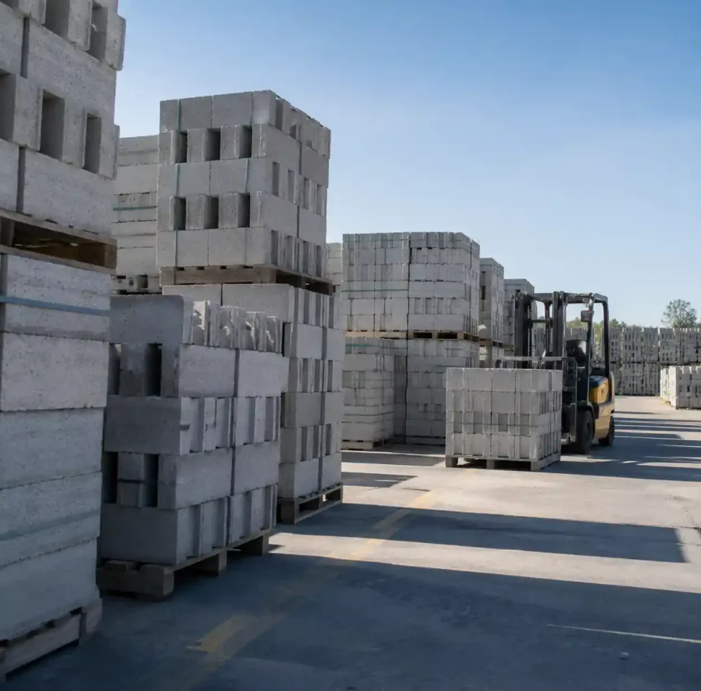 Stacks of finished cured concrete blocks ready for customer delivery