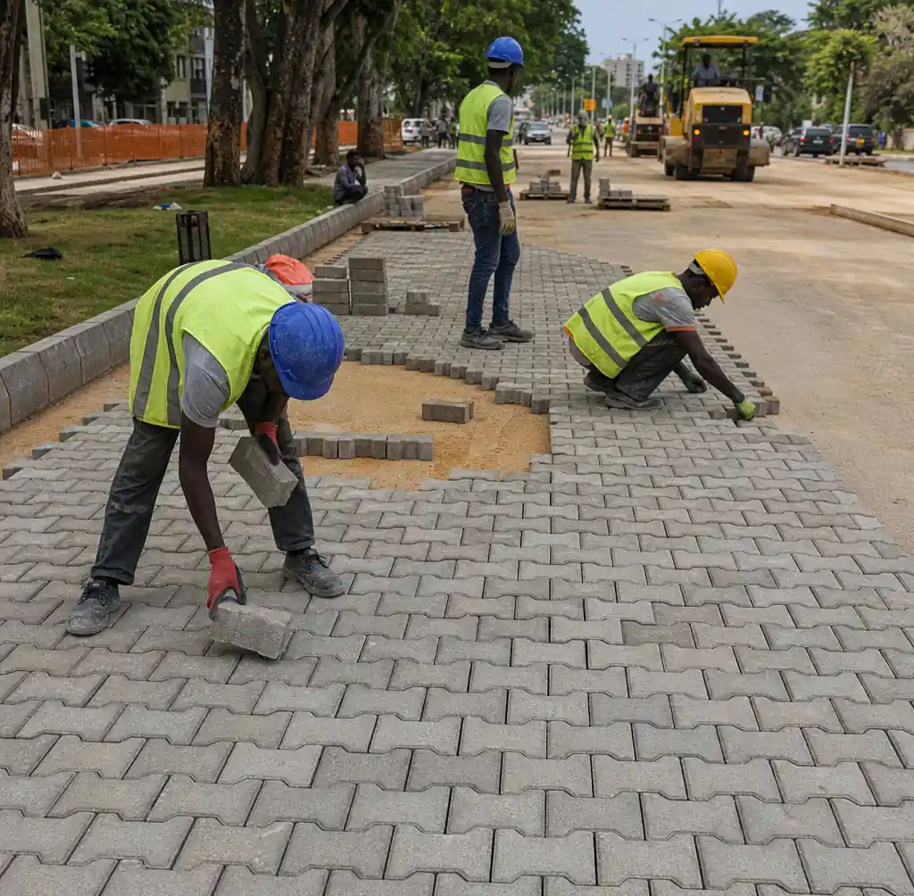 Installed interlocking paver blocks in urban road construction project