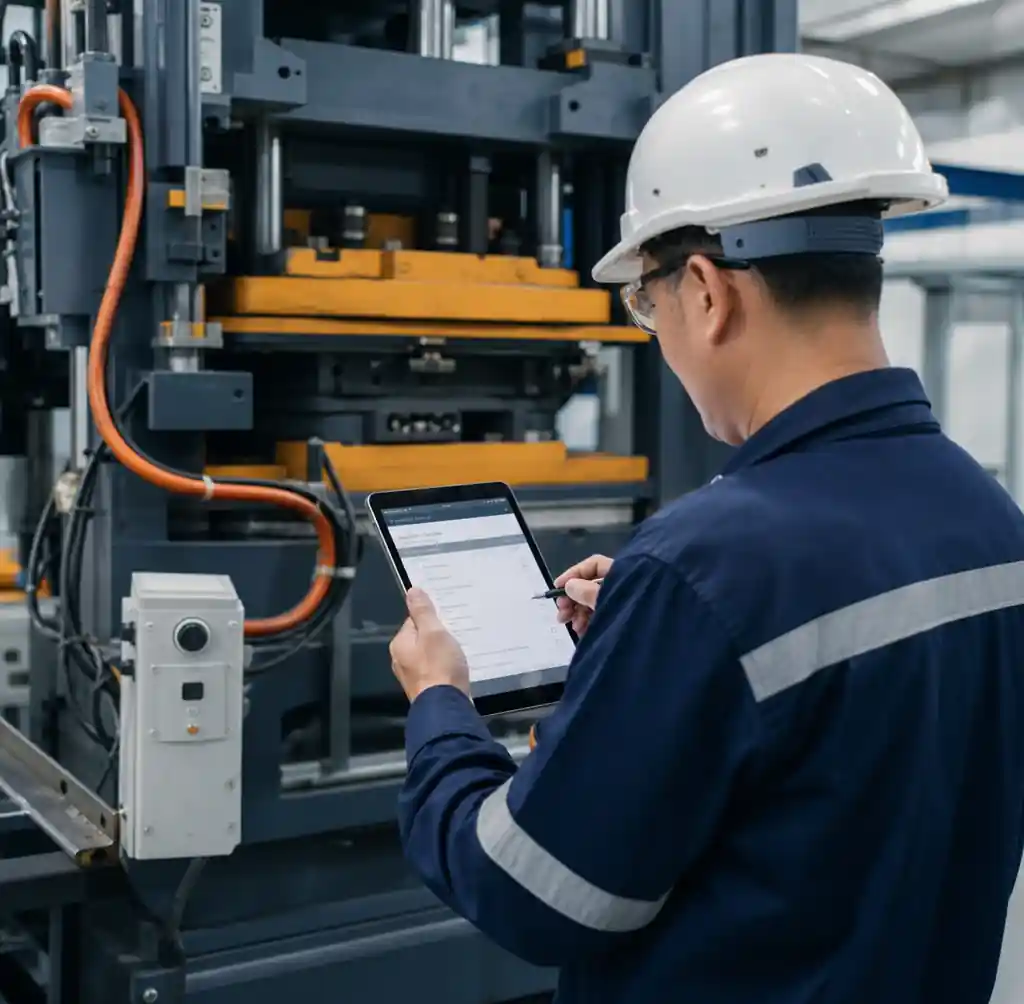 Technician recording maintenance data on digital tablet next to block machine"
