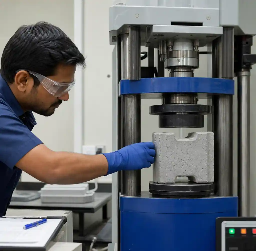 Quality control technician testing interlocking block strength and dimensions