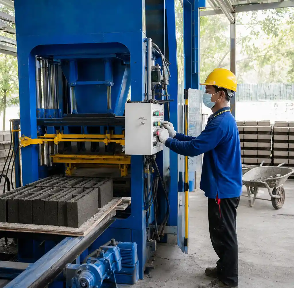 Small business owner operating semi-automatic block making machine