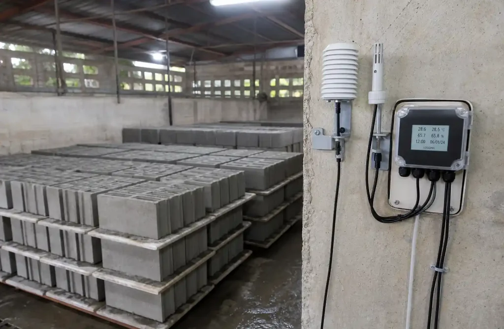 Temperature and humidity monitoring equipment in concrete block curing area