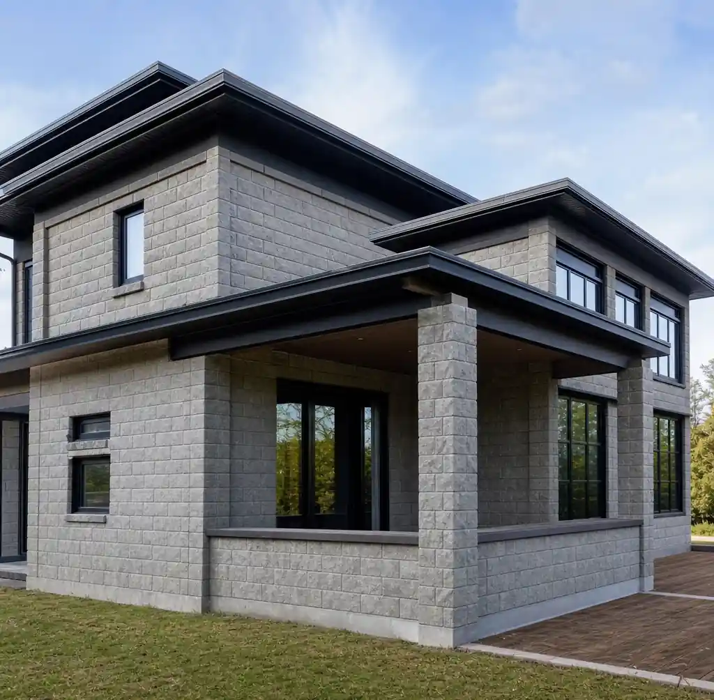 Completed building structure constructed with interlocking blocks