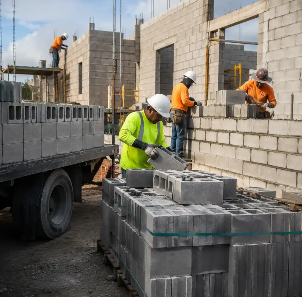 Concrete blocks being used at construction site showing market application