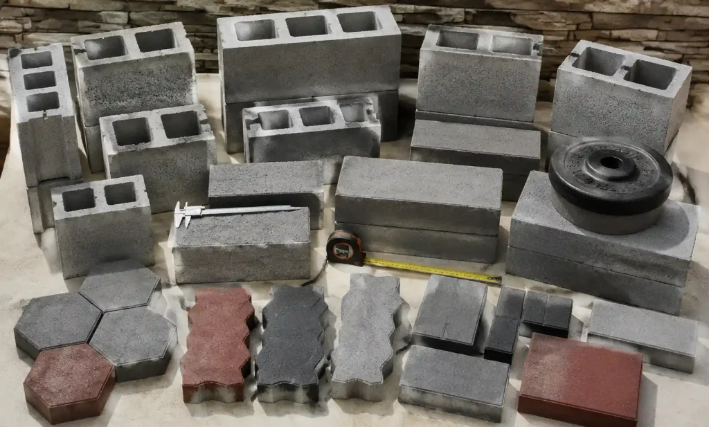 Finished concrete blocks showing different types produced by small business machines