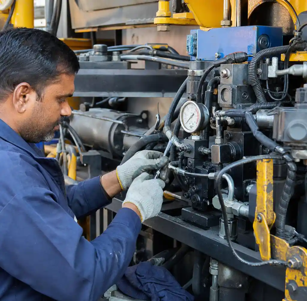 Technician performing preventive maintenance on paver block machine hydraulic system