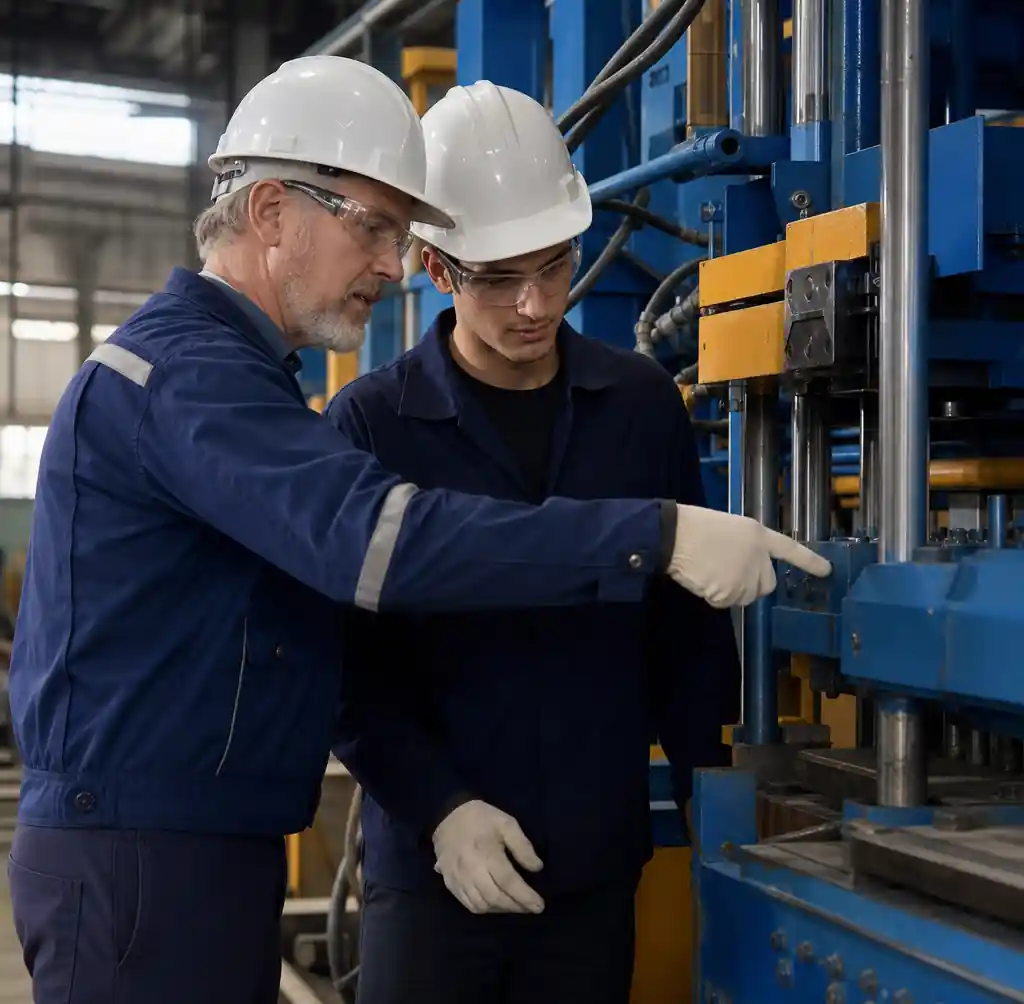 Experienced operator training new worker on daily block machine inspection procedures