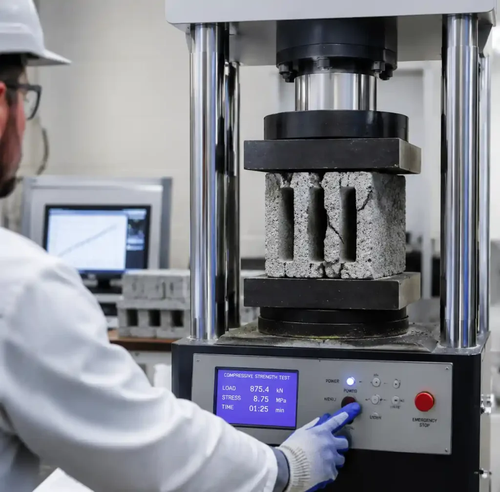 Quality control testing showing compressive strength test on concrete blocks