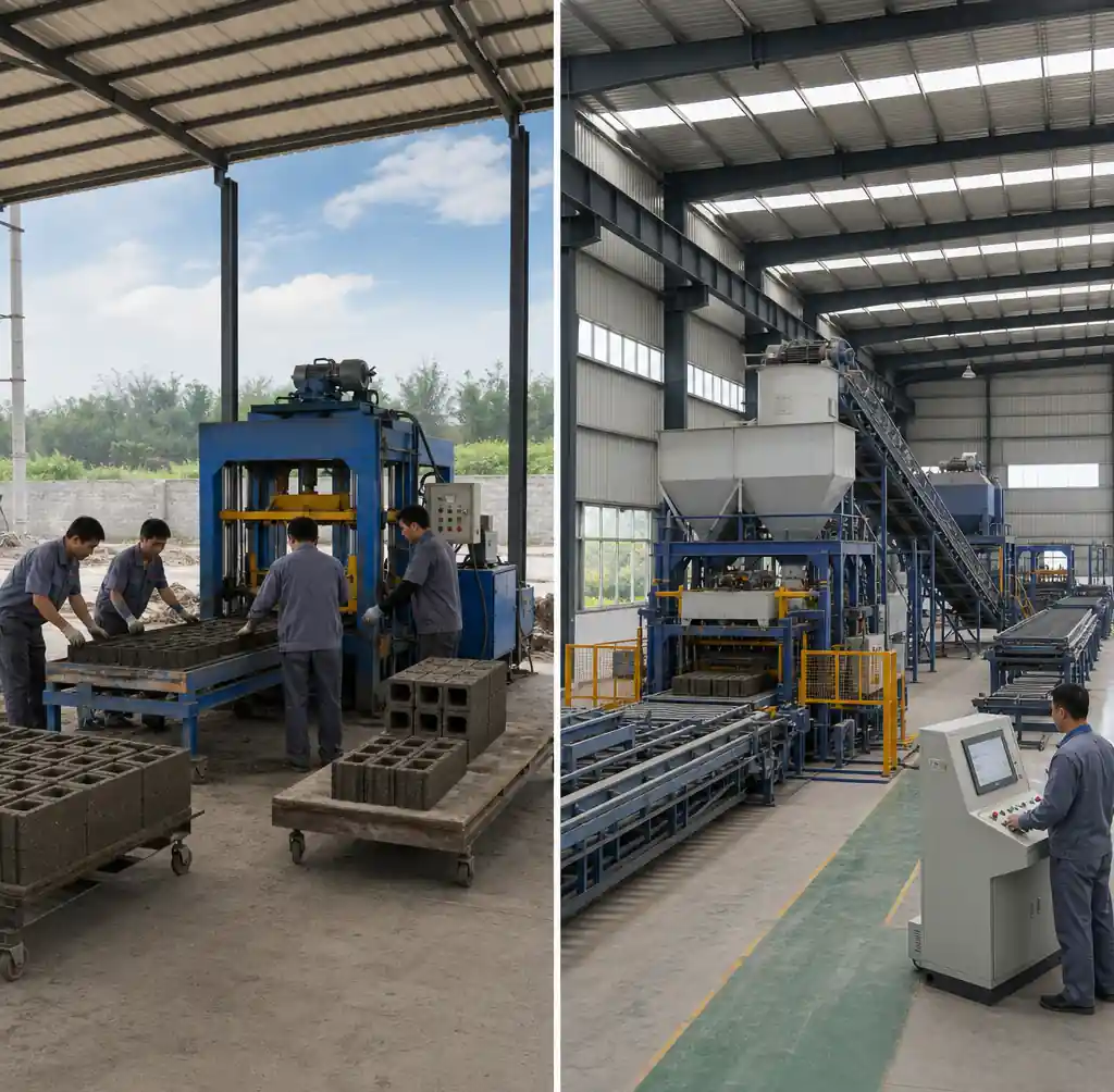 Automatic and semi-automatic block production lines side by side comparison