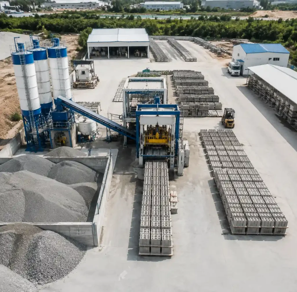 Block making factory functional zones layout diagram showing raw material storage, production floor, curing yard, and finished product areas