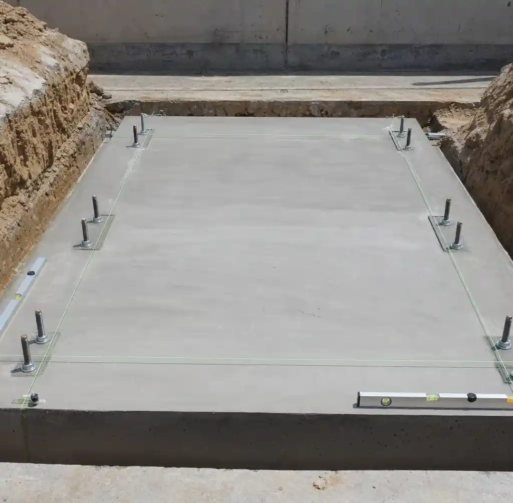 Block making machine foundation with embedded anchor bolts and precision leveling