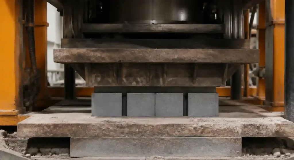 Hydraulic crushing hazard on block making machine showing pressure point between mold and ram
