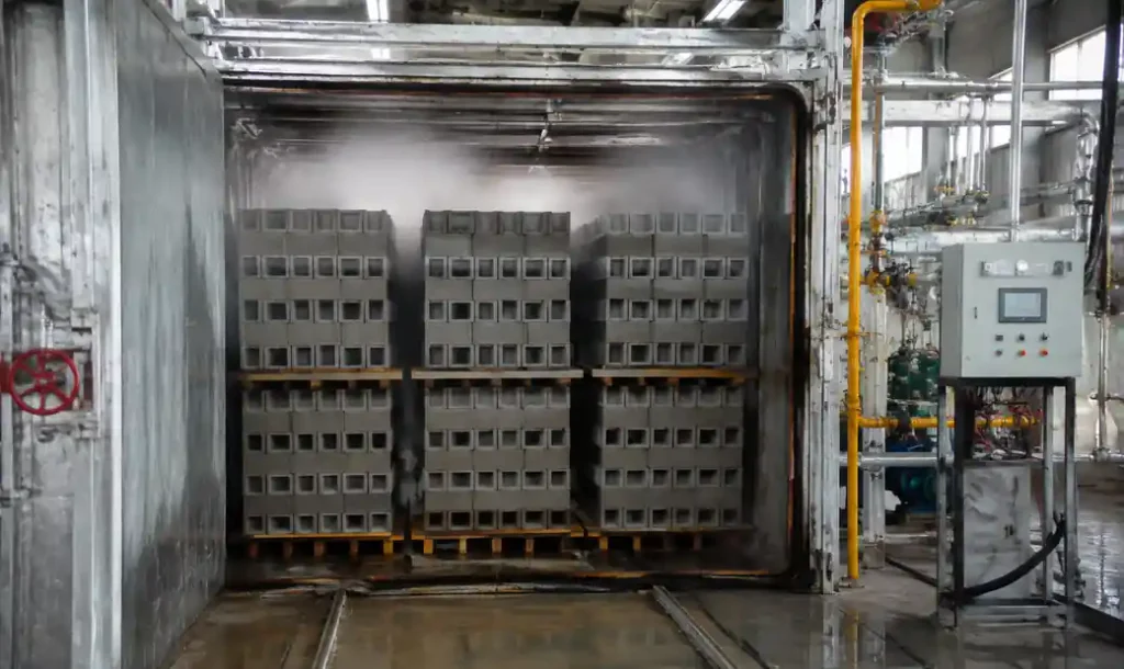 Concrete block curing chamber showing temperature and humidity control systems