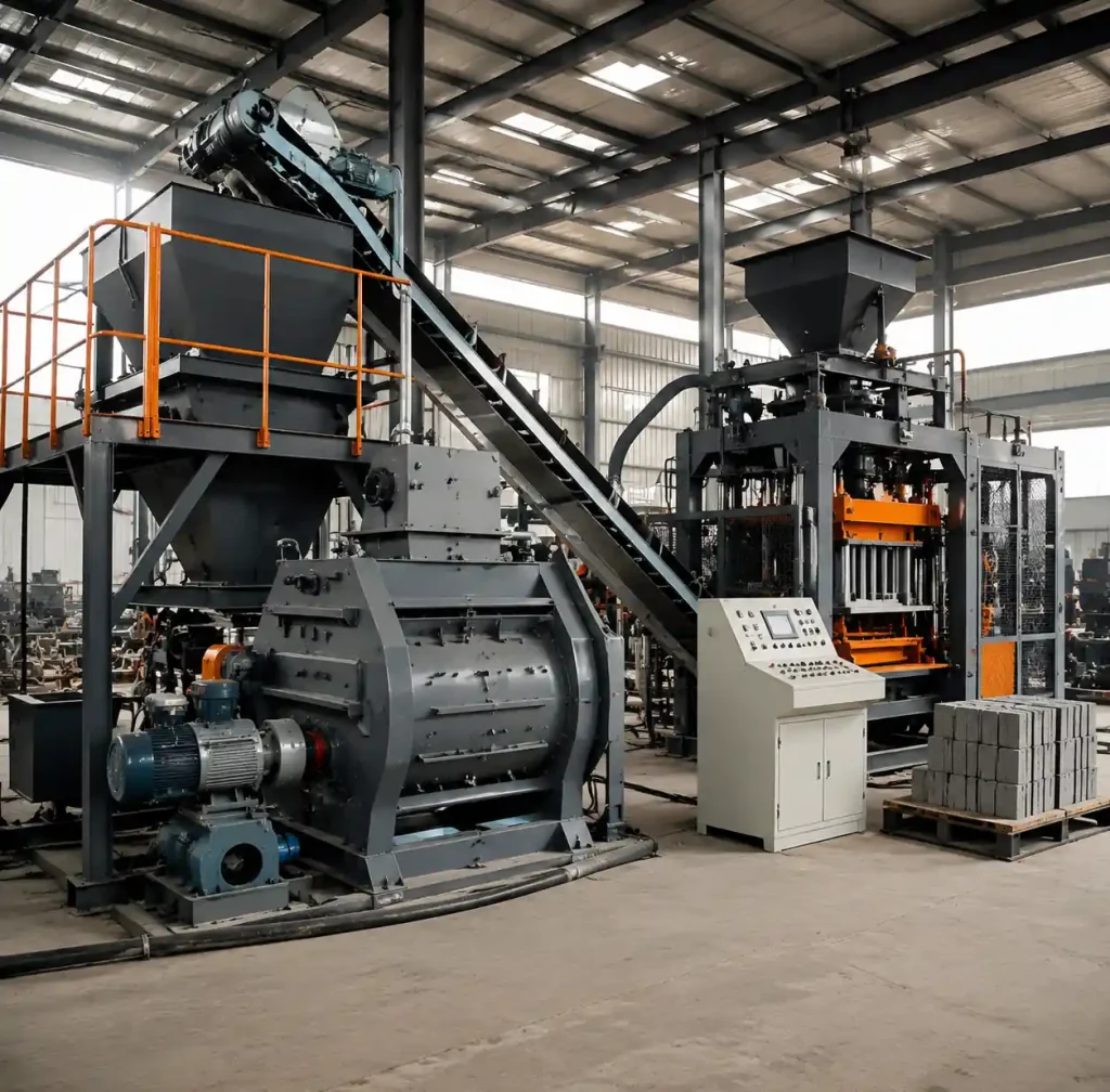 Complete concrete mixing and batching system integrated with block production line
