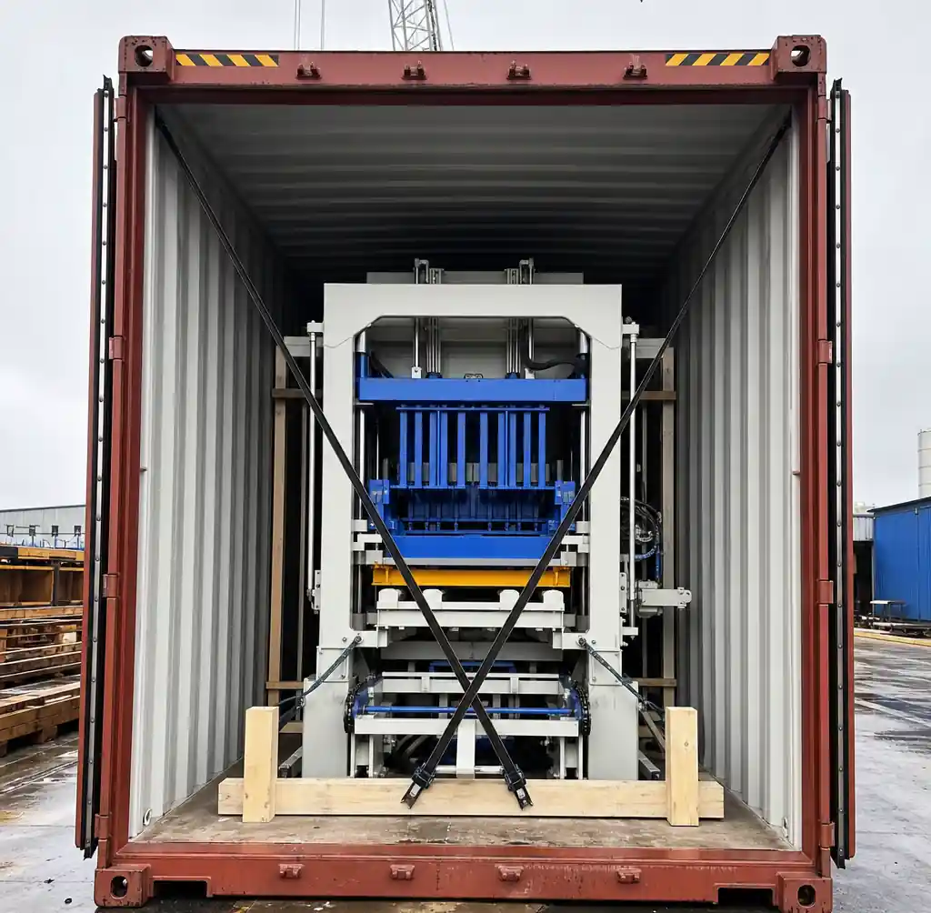 Block making machine being loaded into 40ft shipping container at Chinese port