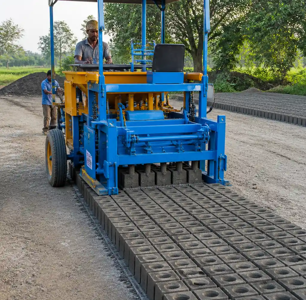 Egg layer block machine producing concrete blocks directly on ground
