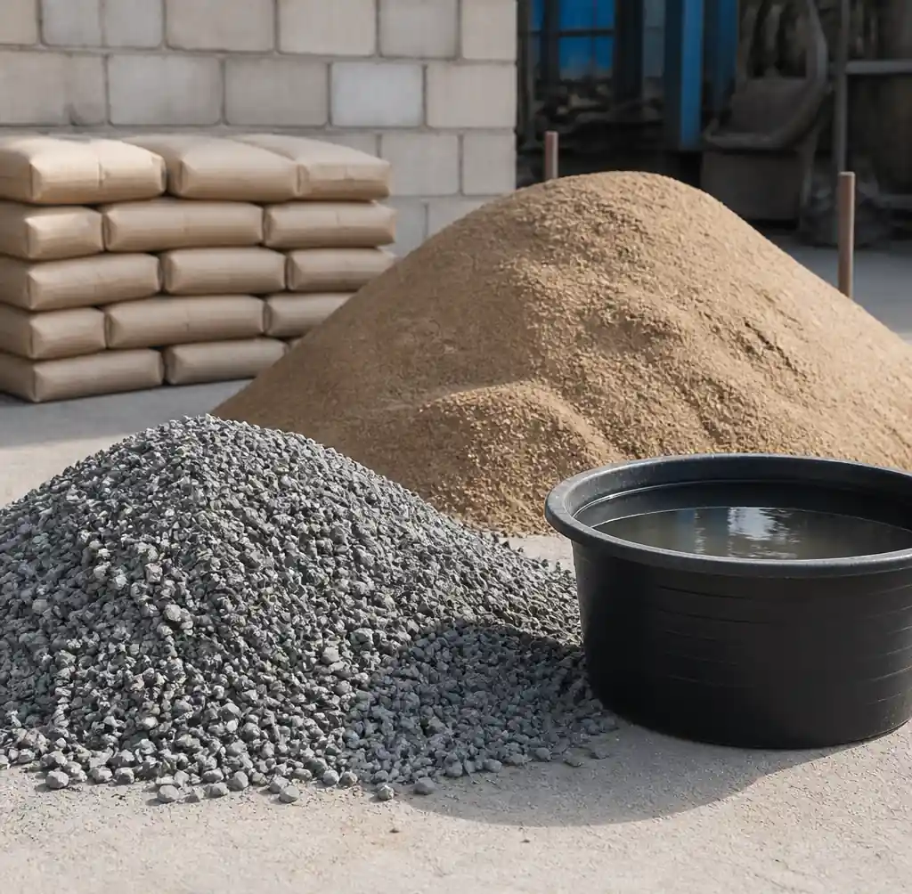 Essential raw materials for concrete block production including cement, sand, aggregate and water
