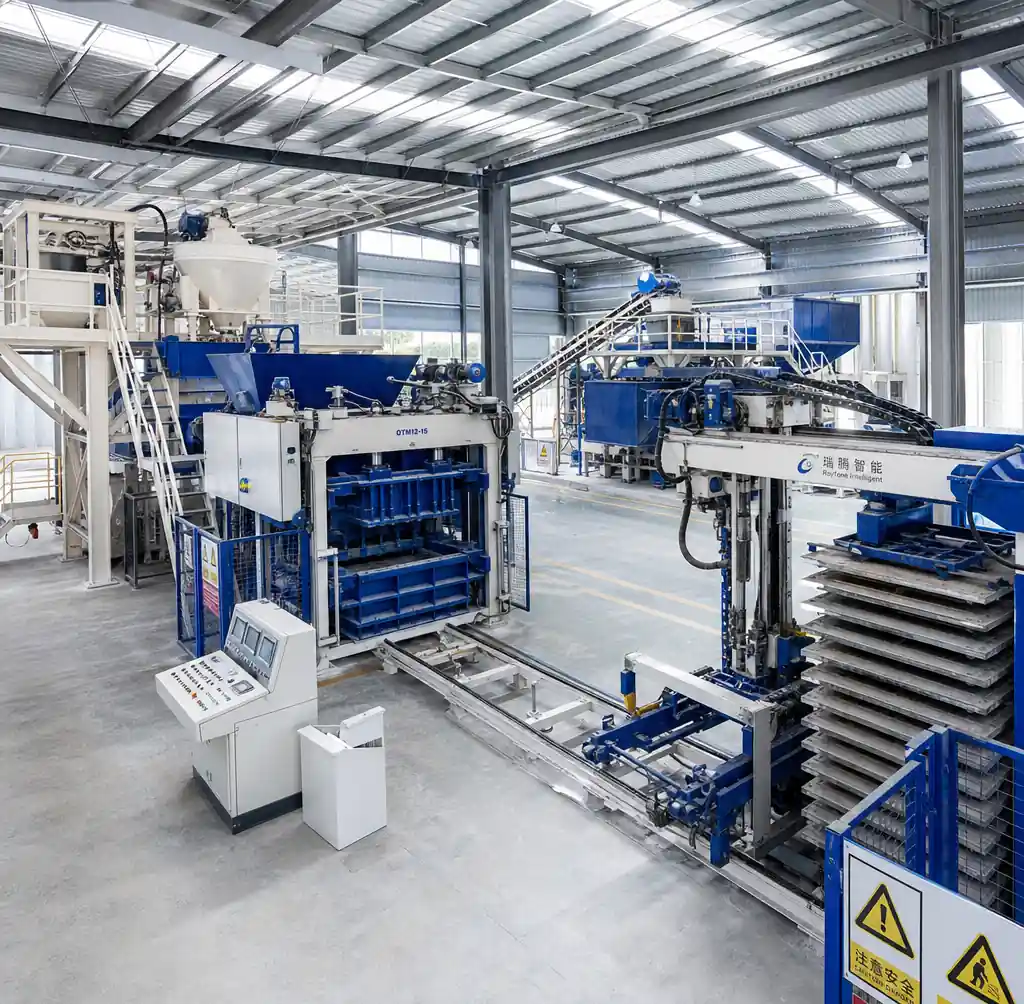 Fully automatic block production line showing batching system, mixer, and stacking robot