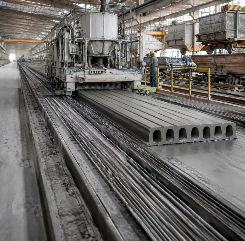 Hollow core slab extruder machine on casting bed during precast concrete production