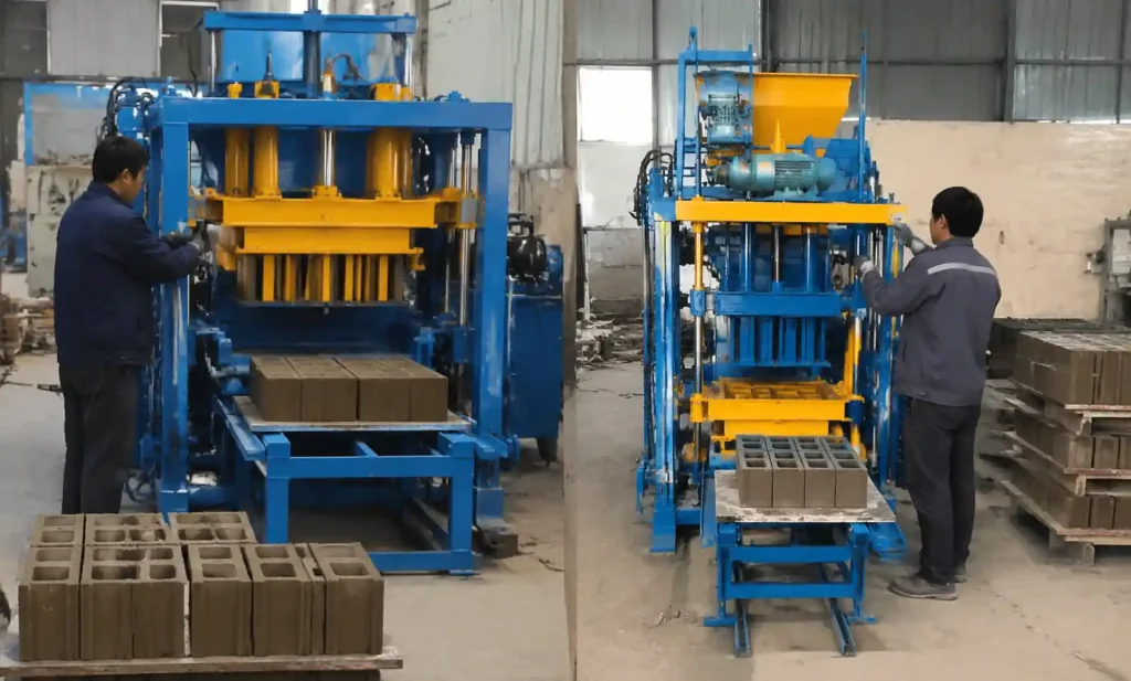 QT4-40 manual and QT4-24 semi-automatic block machines side by side comparison