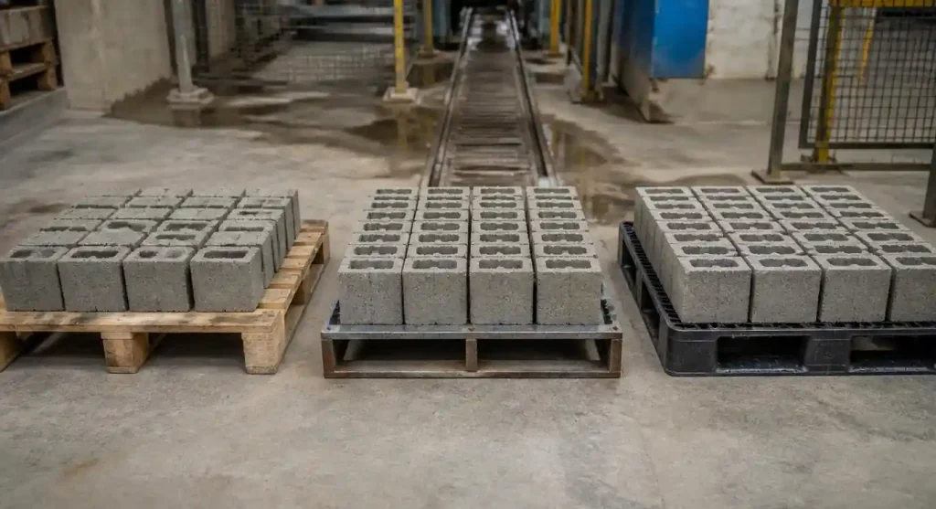 Three types of brick pallets side by side showing wood steel and plastic materials