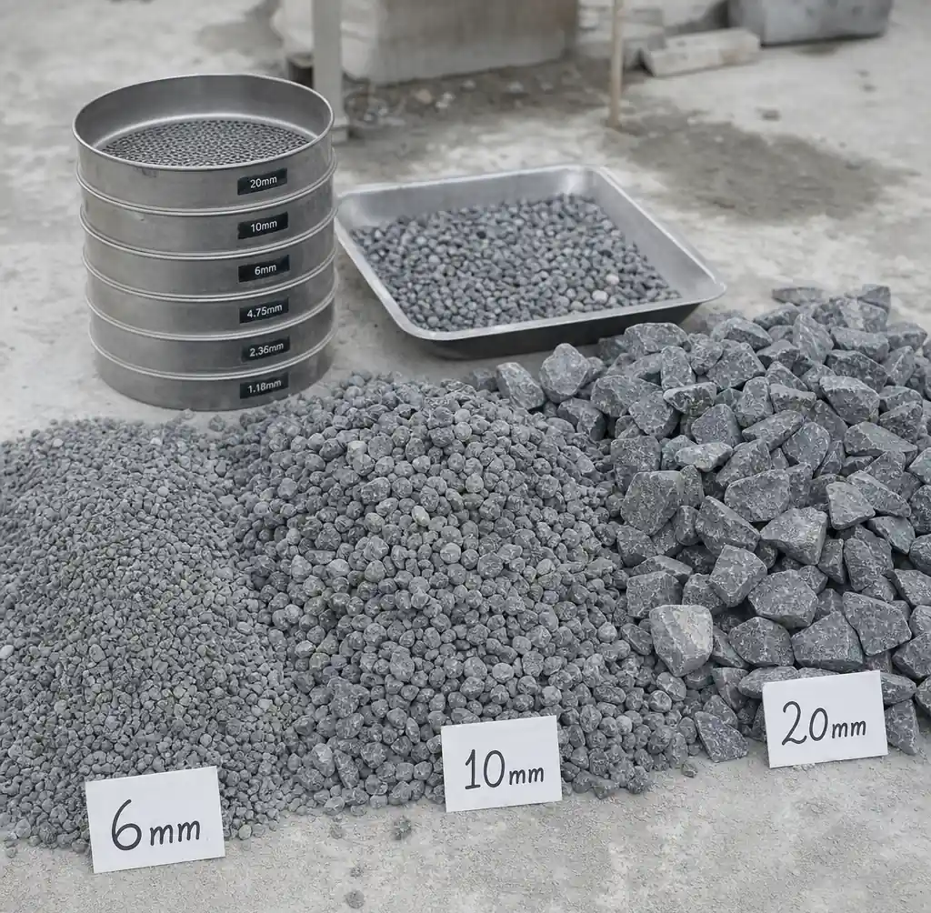 Aggregate grading and quality testing for block production with different size stones