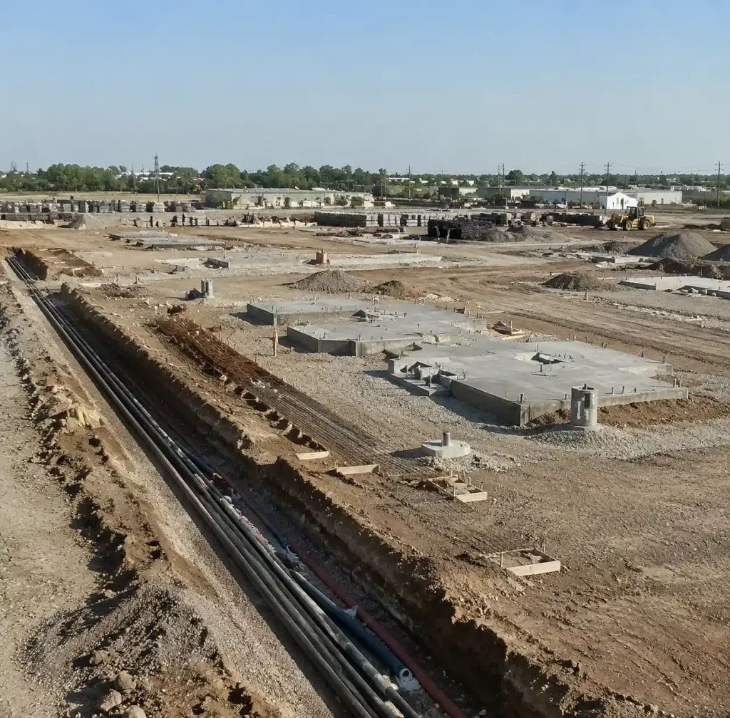 Industrial land site preparation for block plant with foundation work and drainage