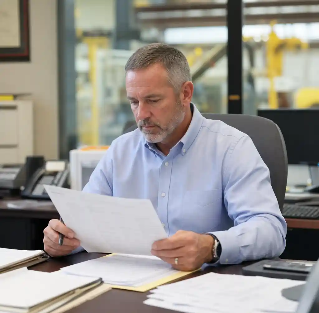 Business owner reviewing equipment financing documents and contracts at desk