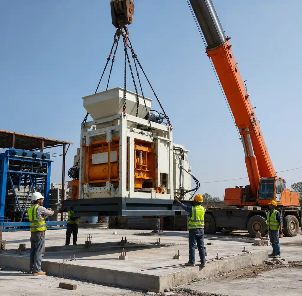 Crane positioning automatic block making machine on foundation