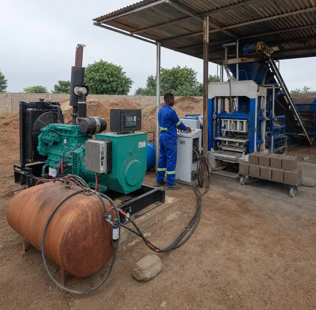 Diesel generator providing backup power to block making machine in Africa