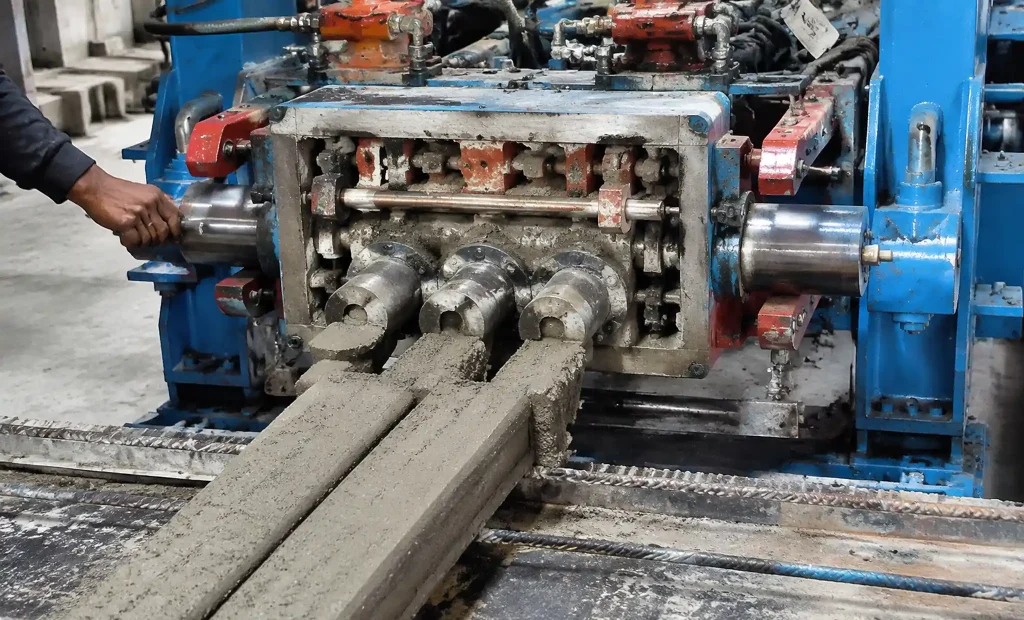 Close-up view of extruder machine mold and compaction system forming hollow cores