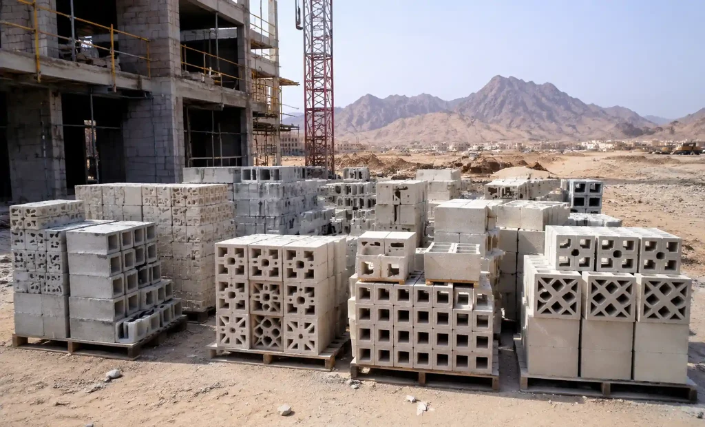 Middle East construction site with specialized concrete blocks for infrastructure projects