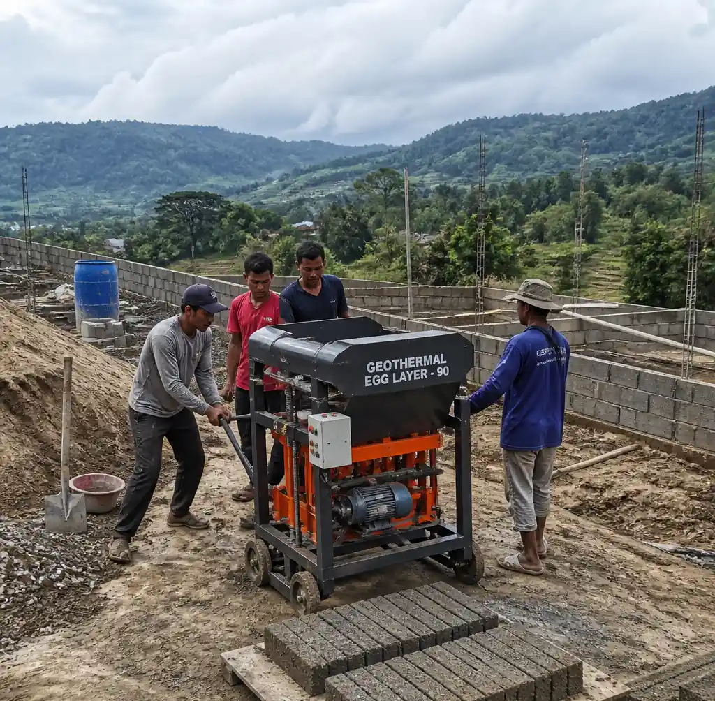 Mobile egg layer block machine at rural construction site