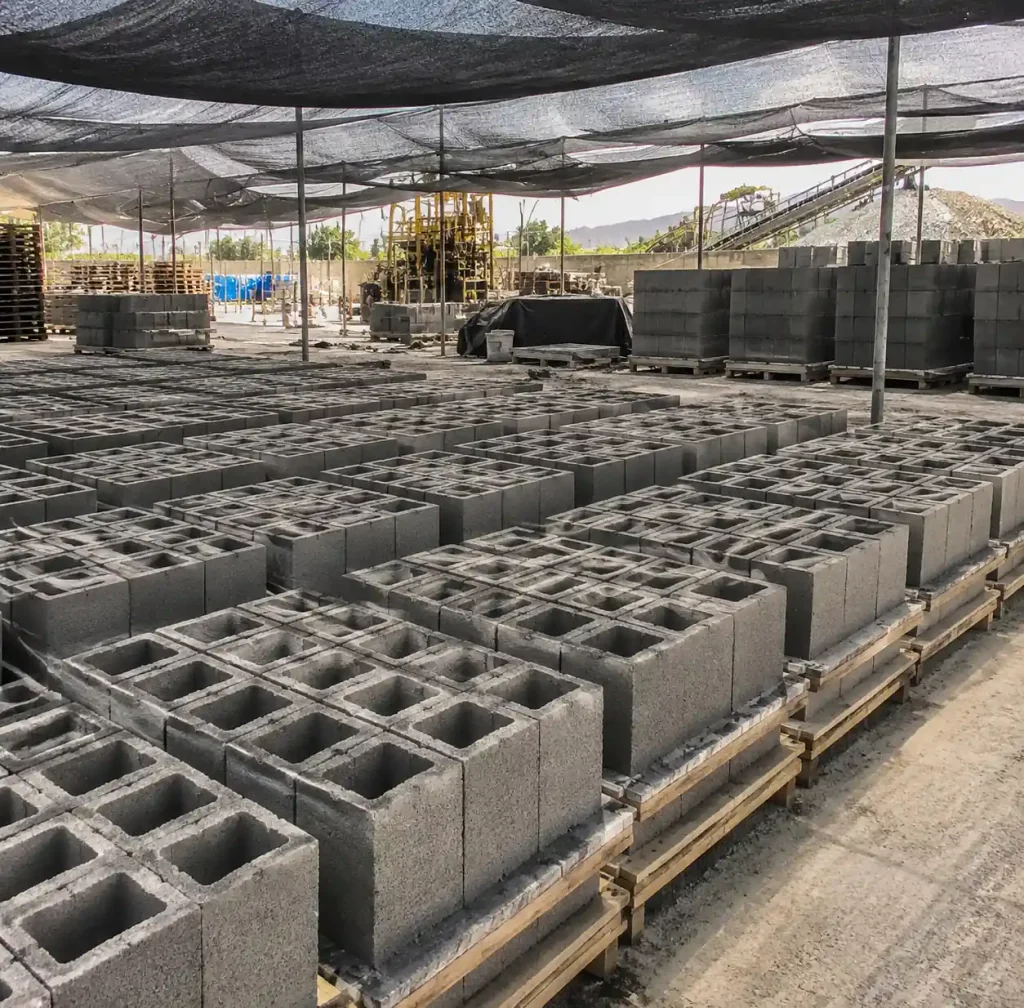 Natural air curing yard with organized rows of concrete blocks
