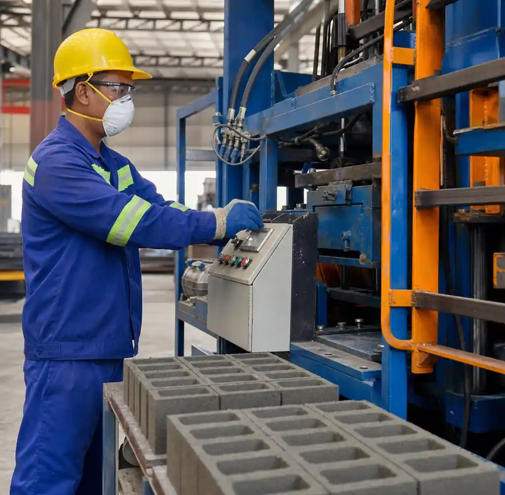 Block machine operator wearing complete PPE including safety glasses, steel-toed boots, and hearing protection
