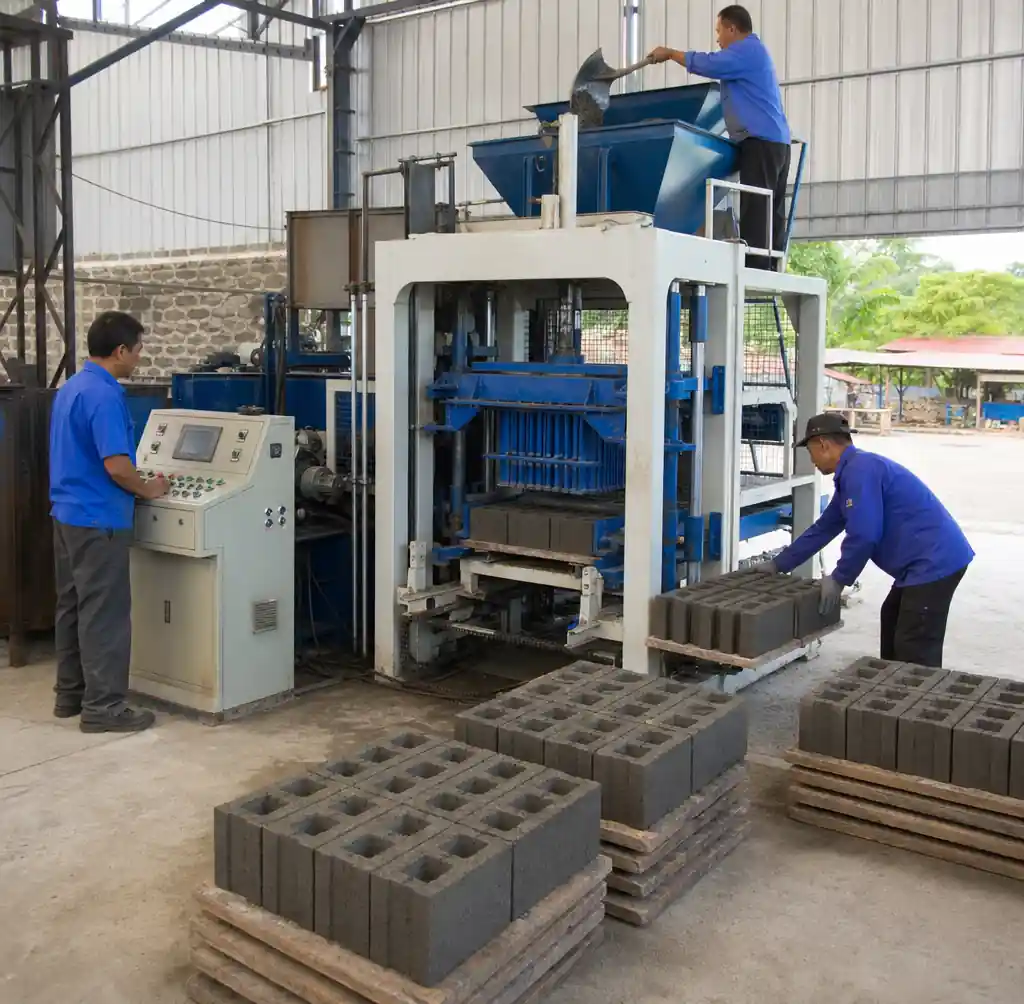 Semi-automatic block machine QT4-30 in operation with workers