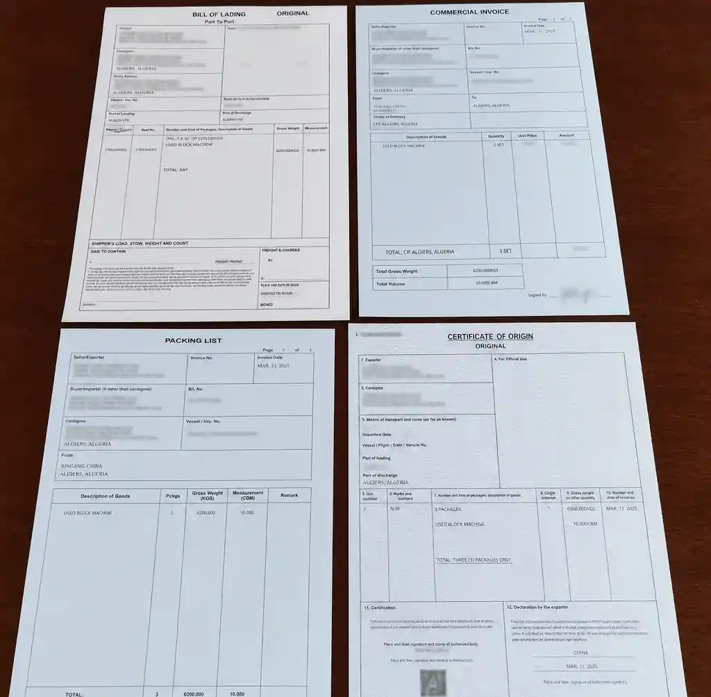 Commercial shipping documents including Bill of Lading and customs paperwork for machinery import