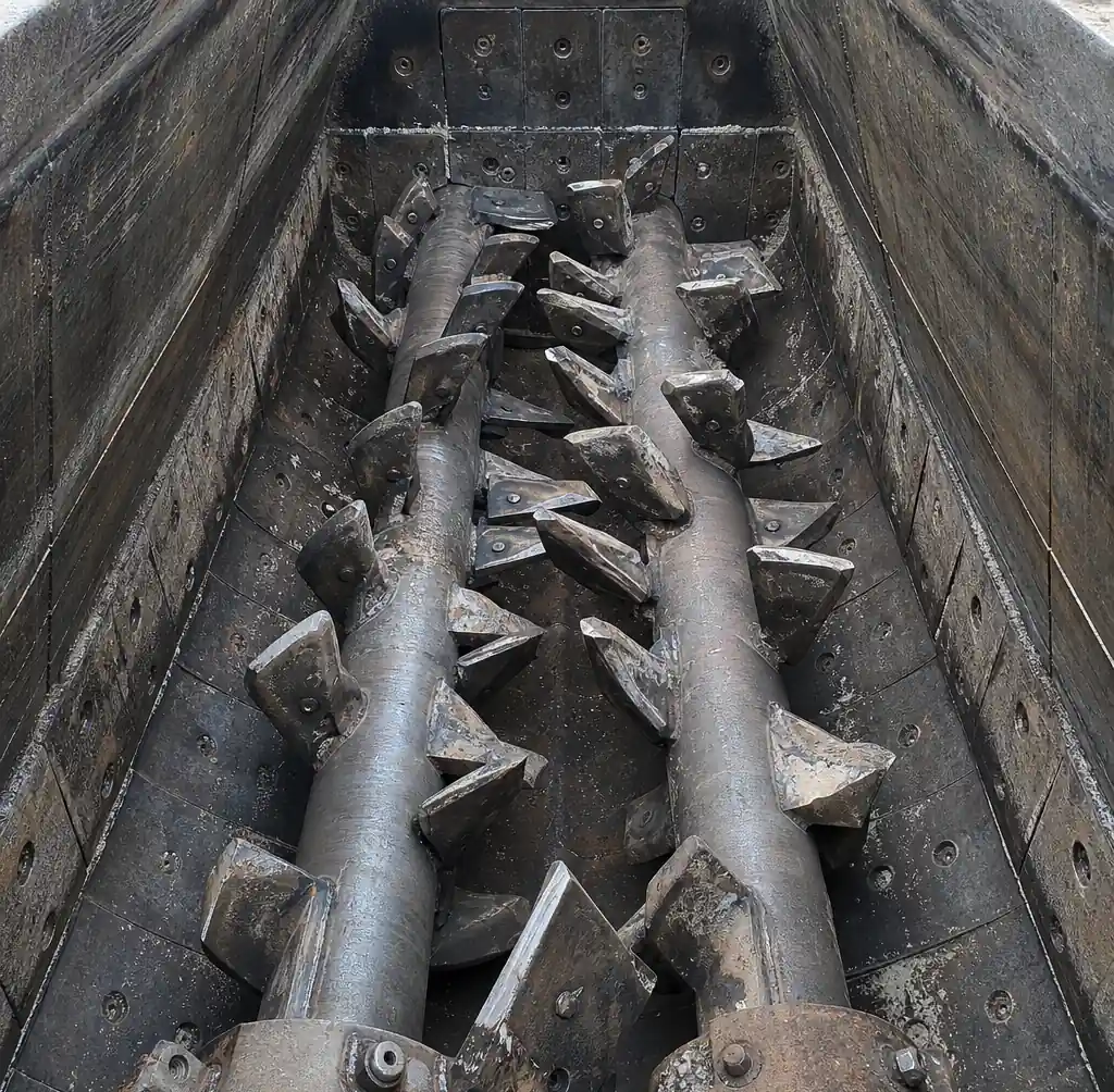 Twin-shaft concrete mixer interior showing mixing blades and chamber