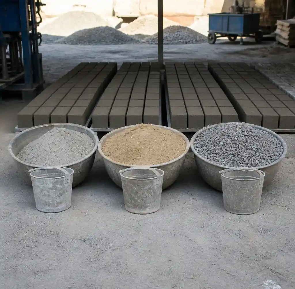 Different concrete mix ratios for various block types showing material proportions