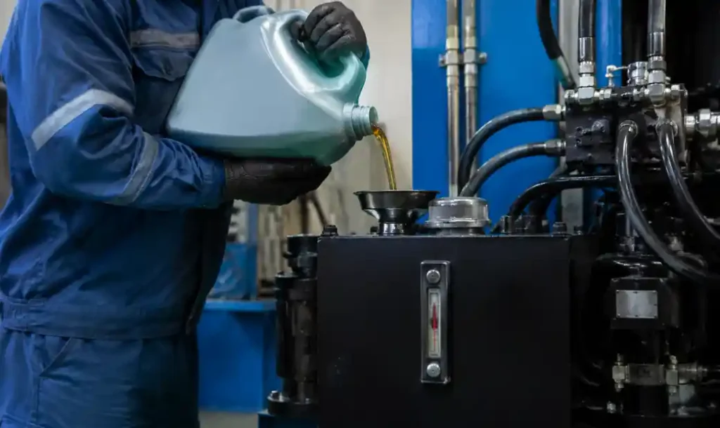 Technician filling hydraulic oil reservoir of block machine