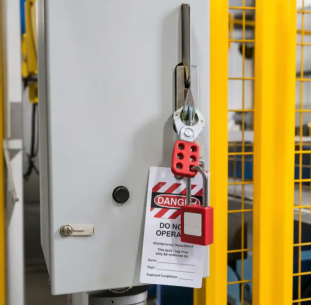 LOTO device installed on block machine electrical panel with red danger tag
