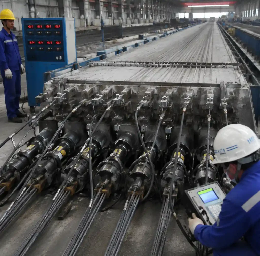 Hydraulic prestressing equipment tensioning steel strands on casting bed"