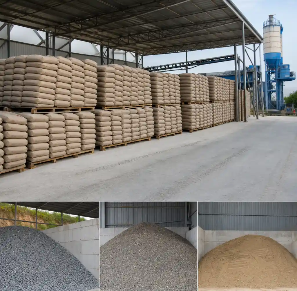 Organized raw material storage with cement, aggregate, and sand in industrial facility