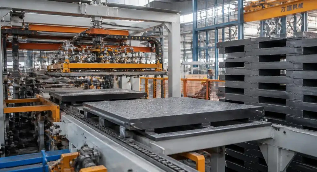 Steel brick pallets in high-capacity automatic block machine production line