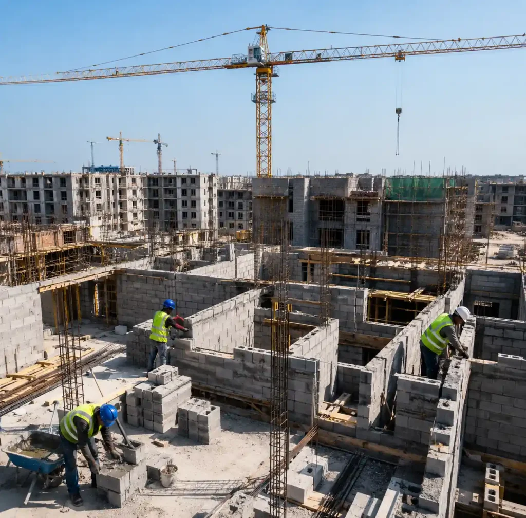 Urban construction site showing concrete block usage in high-density residential development