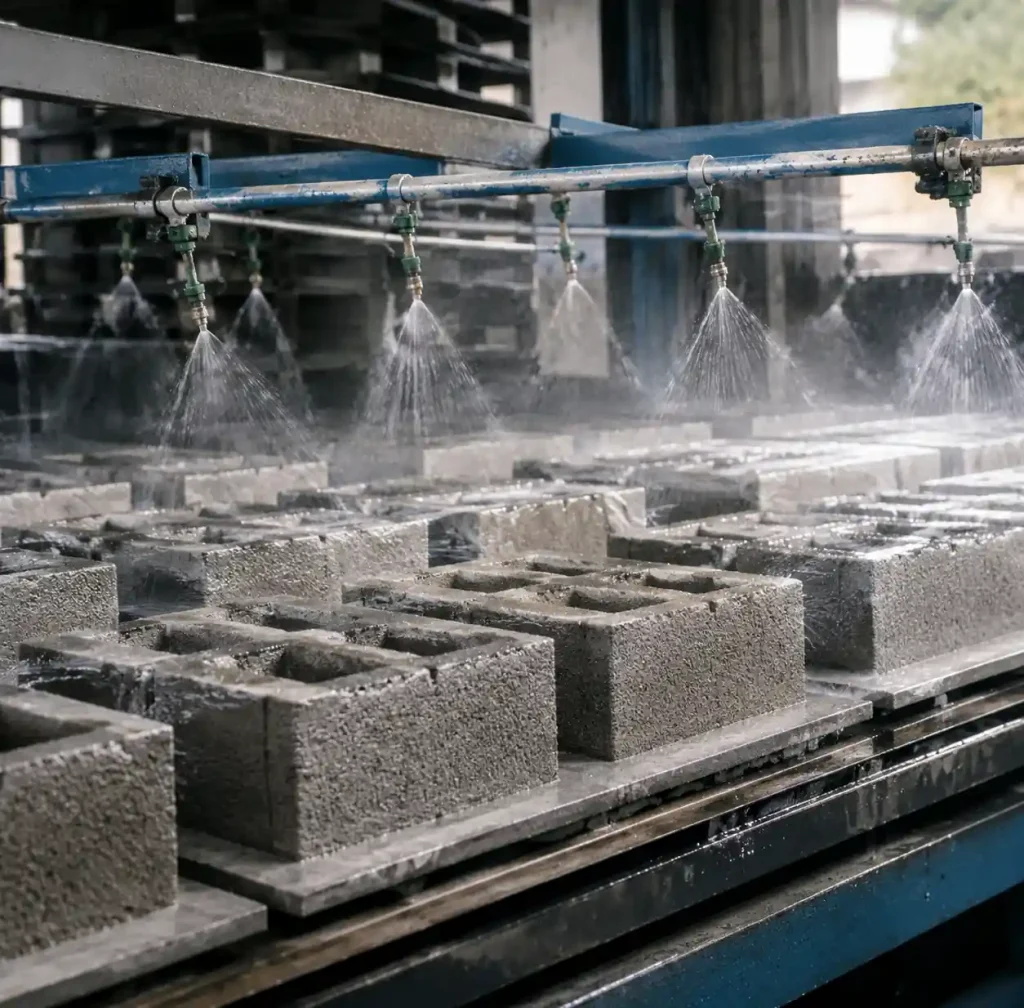 Automated water spray curing system for concrete blocks