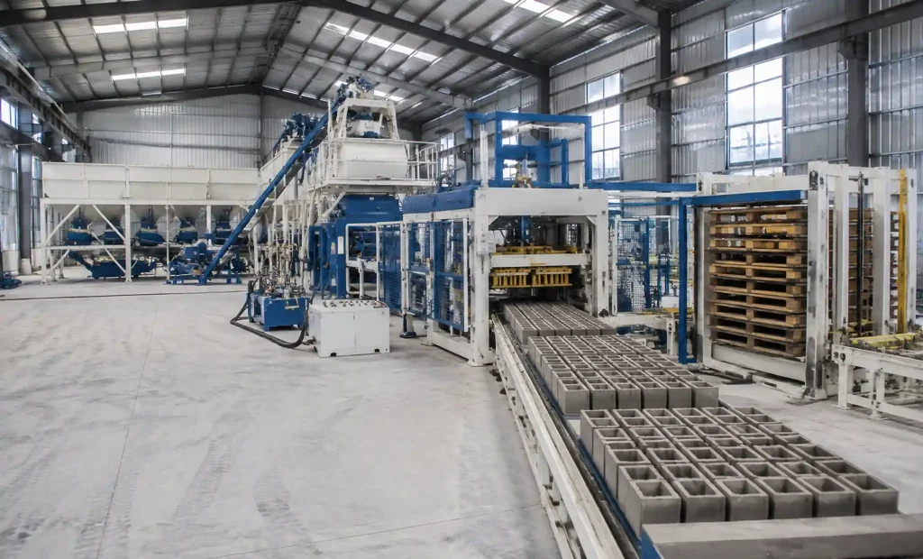 Fully automatic block making production line showing integrated batching, mixing, molding, and conveyor systems