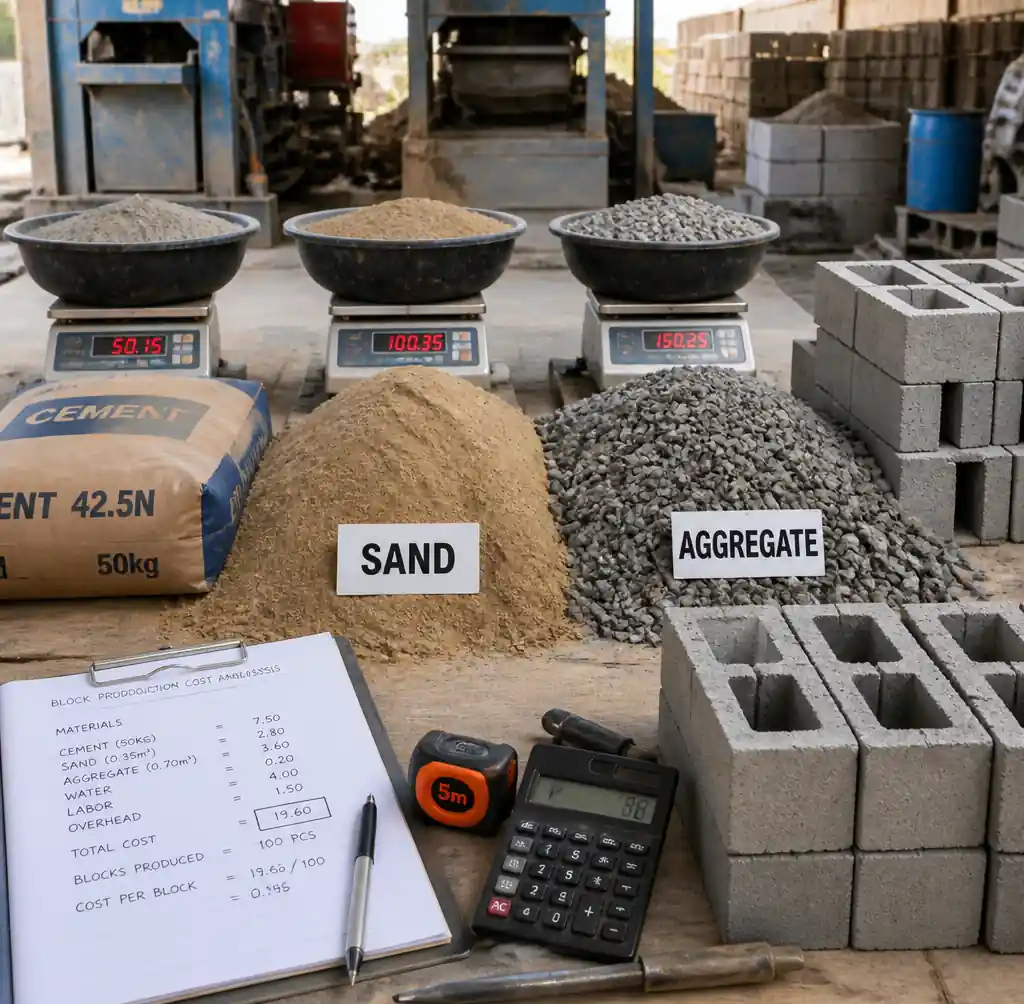 Raw materials and finished concrete blocks showing production cost components