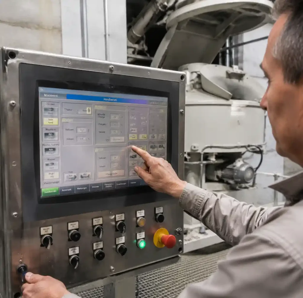Operator using concrete mixer control panel showing mixing parameters