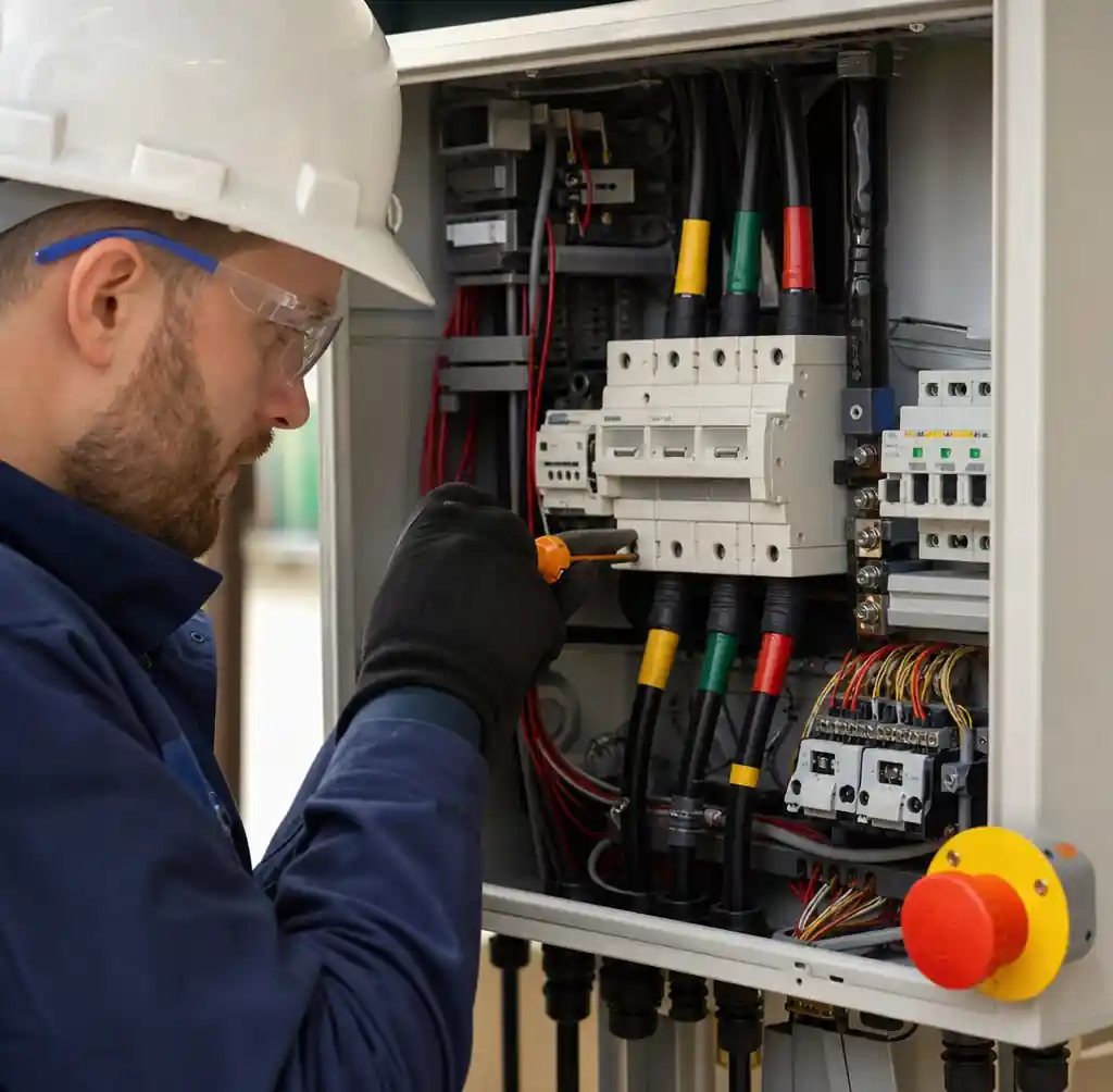 Electrician connecting three-phase power to block machine control panel